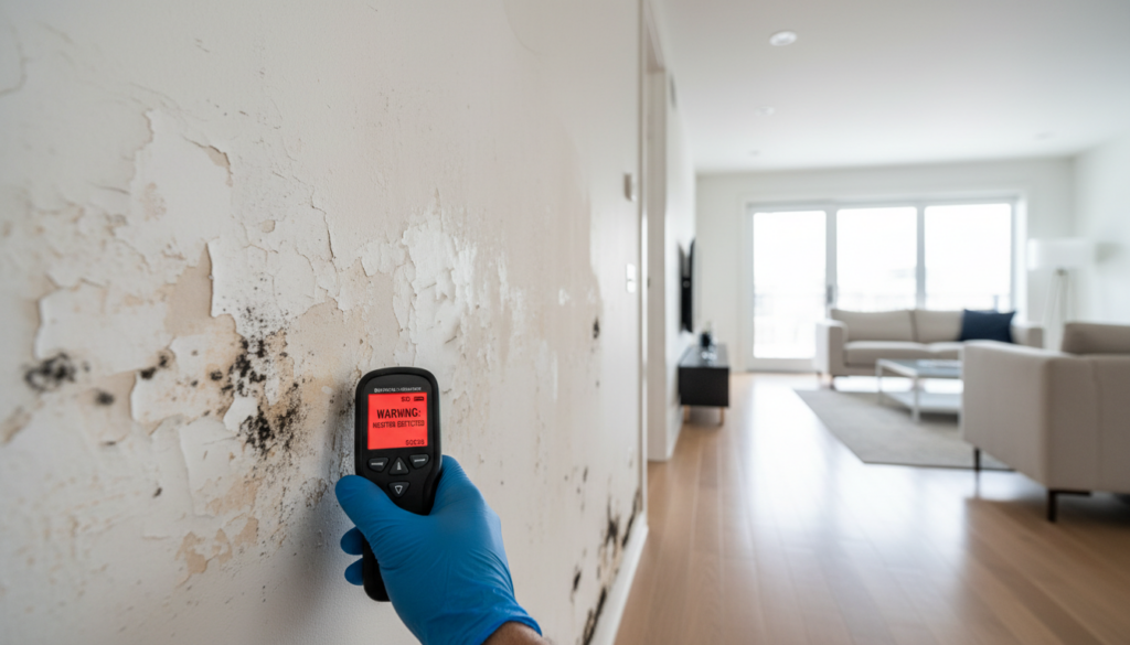 A gloved hand holds a moisture detector against a wall with significant black mold and peeling paint. The device's red screen shows a 'Warning: Moisture Detected' alert.