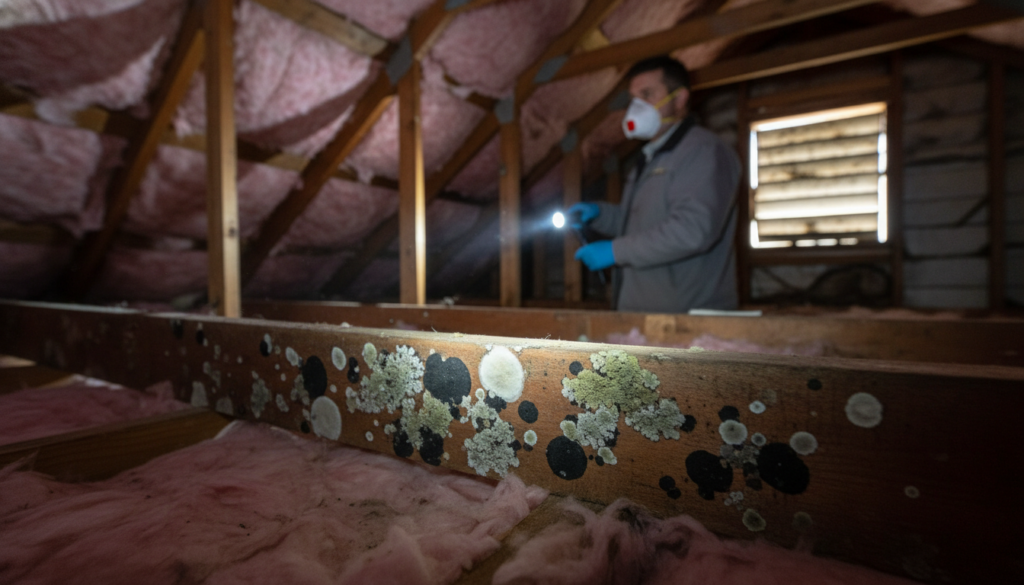 A close-up view of circular black, white, and green mold colonies growing on a wooden support beam in an attic. In the background, a professional inspector wearing a respirator mask and blue gloves shines a bright flashlight on the mold growth.