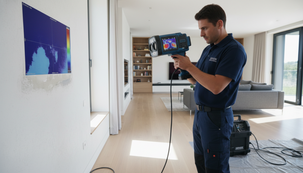A technician in a navy blue uniform uses a large handheld thermal imaging scanner on a white wall in a modern living room. A thermal heat map is visible on both the device screen and superimposed on the wall to show temperature variations.