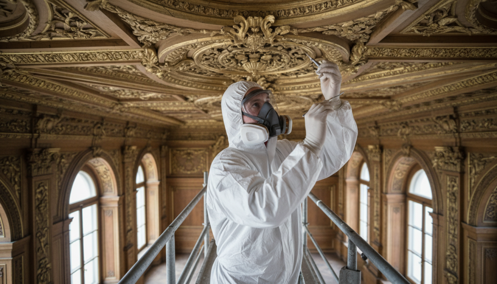 A professional in a white protective suit and respirator mask uses precision tools to restore an ornate gold-leaf ceiling in a grand historic building.