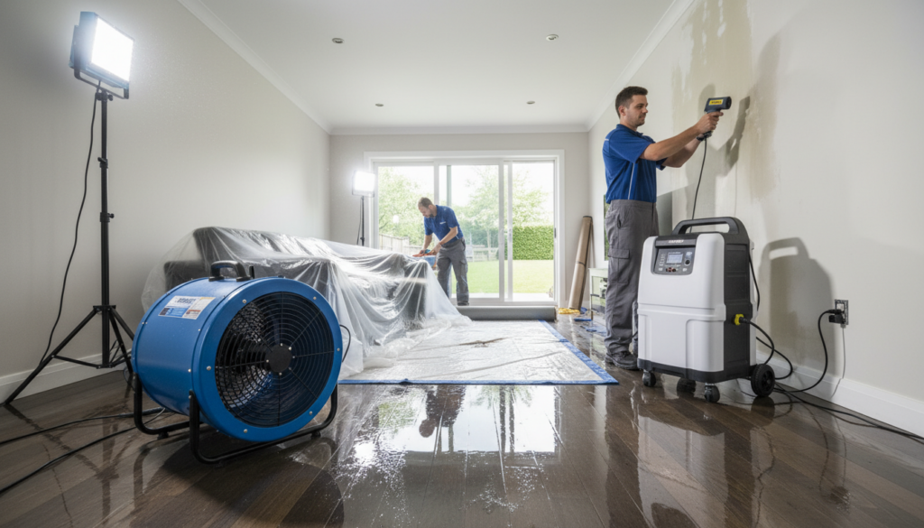 Two professional technicians in a flooded living room using an industrial blue air mover, a white dehumidifier, and a moisture meter to dry out wet hardwood floors and water-stained walls.
