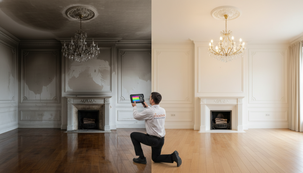 A split-screen image showing a luxurious room before and after fire damage restoration. The left half is dark and covered in soot and smoke damage, while the right half shows the room fully cleaned and restored. A professional from Phoenix restoration kneels in the center, using a tablet to monitor the results.
