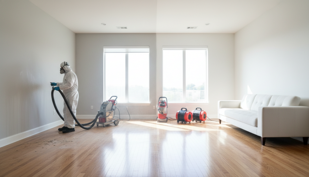 A professional technician wearing a white protective hazmat suit and respirator mask uses specialized vacuum equipment on a wall inside a modern living room.