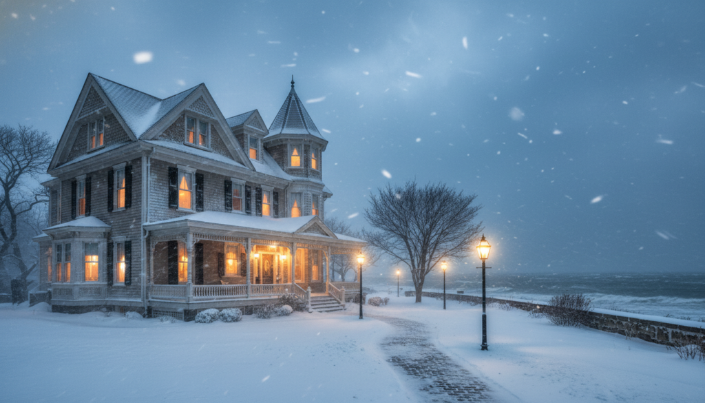 A large Victorian-style house with glowing windows situated on a snowy coastline during a winter storm at dusk, with street lamps illuminating a snow-covered path.