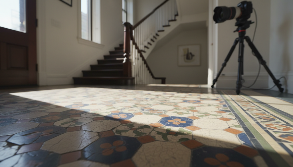 A low-angle view of decorative, patterned floor tiles in a sunlit foyer, with a DSLR camera on a tripod visible in the background next to a staircase. Sunlight streams across the colorful geometric and floral tile designs.