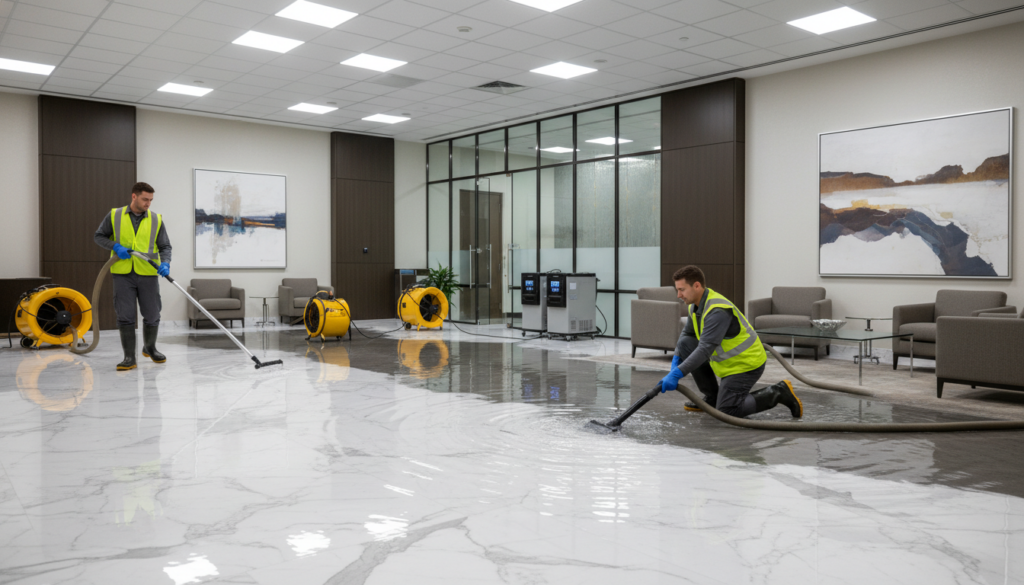 Two professional restoration workers in safety vests and rubber boots using heavy-duty vacuum hoses and air movers to clean a flooded white marble floor in a commercial office lobby.