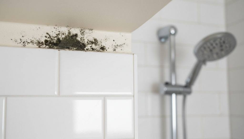 Close-up of black mold growing on the wall above white subway tiles in a bathroom, with a blurred shower head in the background.