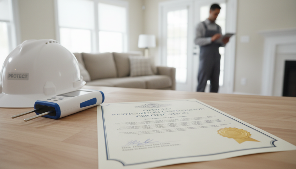 A white hard hat, a moisture meter, and a restoration certification document rest on a table in a home, with a blurred technician working in the background.