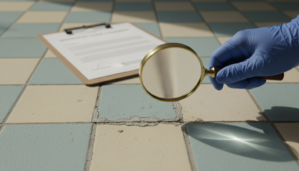 A hand wearing a blue glove holds a magnifying glass over a chipped floor tile, with a clipboard in the background.