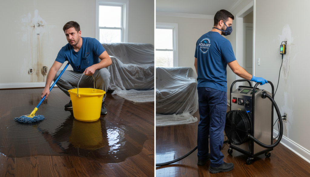 A side-by-side comparison image showing a frustrated homeowner attempting to mop up a large flood on a hardwood floor with a bucket on the left, and a professional water restoration technician using industrial drying equipment and a moisture meter in the same room on the right.