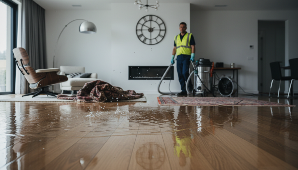 A professional restoration technician in a high-visibility vest uses a water extraction vacuum on a flooded hardwood floor in a modern living room.
