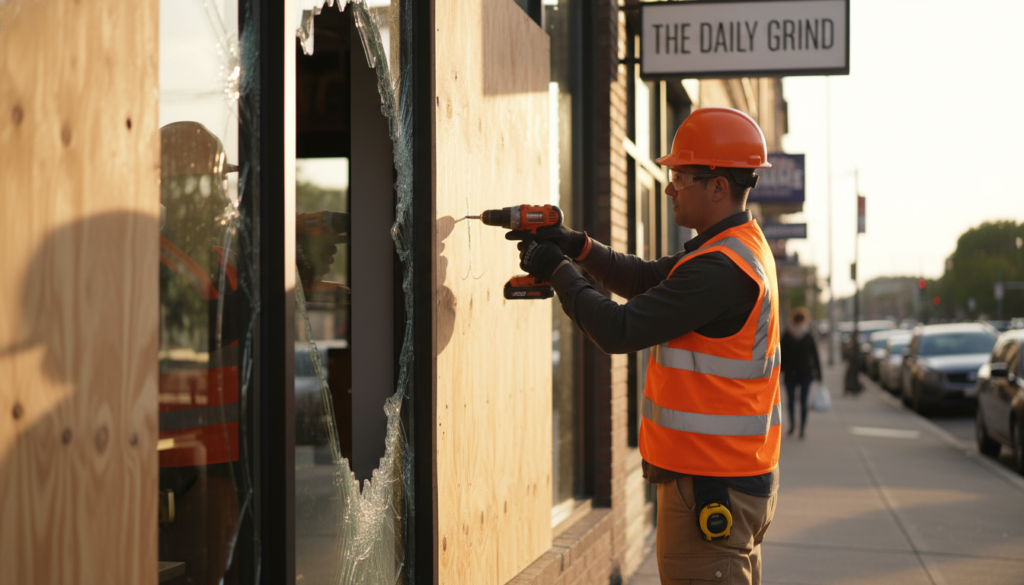 A construction worker in an orange safety helmet and high-visibility vest uses a power drill to secure plywood over a shattered glass window of a storefront named The Daily Grind.