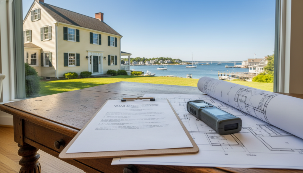 Architectural blueprints, a clipboard, and a laser measuring tool sit on a wooden desk in front of a window overlooking a large yellow house and a harbor with sailboats.