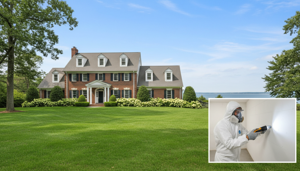 A large two-story brick estate with a manicured green lawn and a waterfront view, featuring an inset image of a technician in a white protective hazmat suit and respirator using a handheld device to inspect a white basement wall.