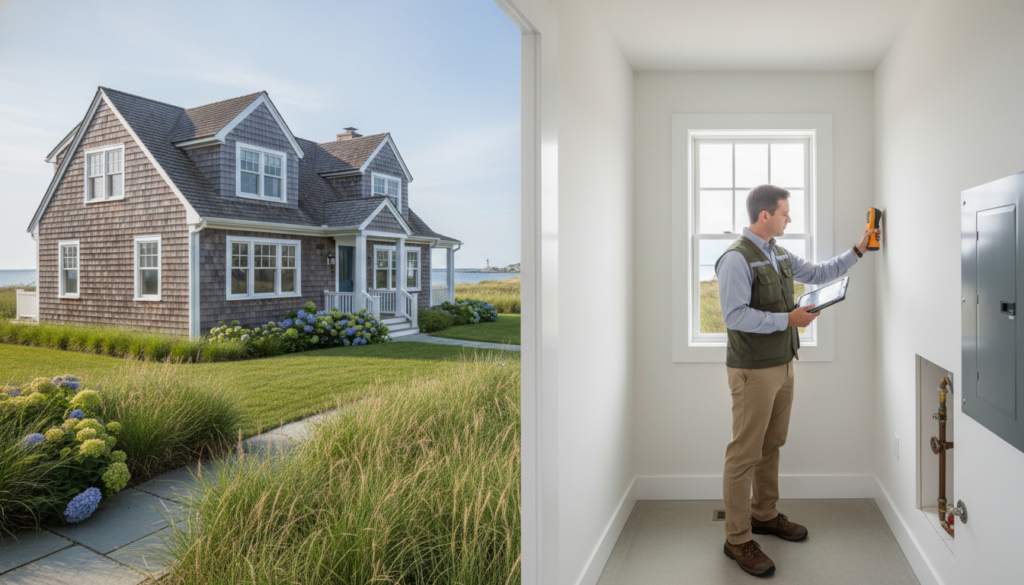 A split-screen image featuring a grey-shingled coastal house with a lush garden on the left and a home inspector performing a thermal imaging scan inside a room on the right.