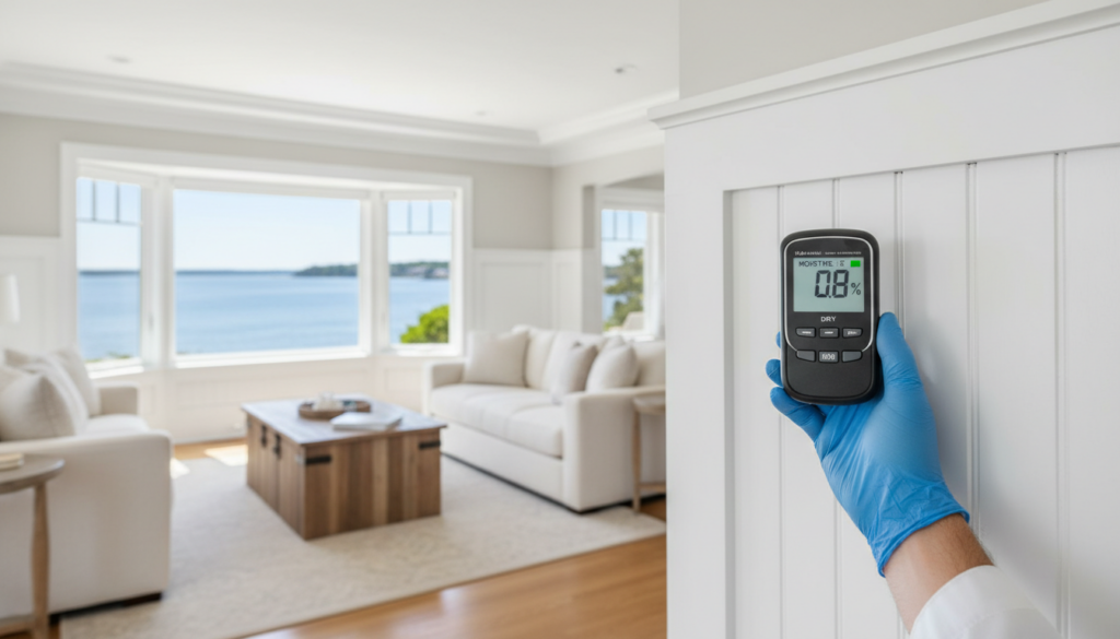 A gloved hand holds a digital moisture meter reading 0.8% against a white paneled wall in a bright living room with a large window overlooking the ocean.