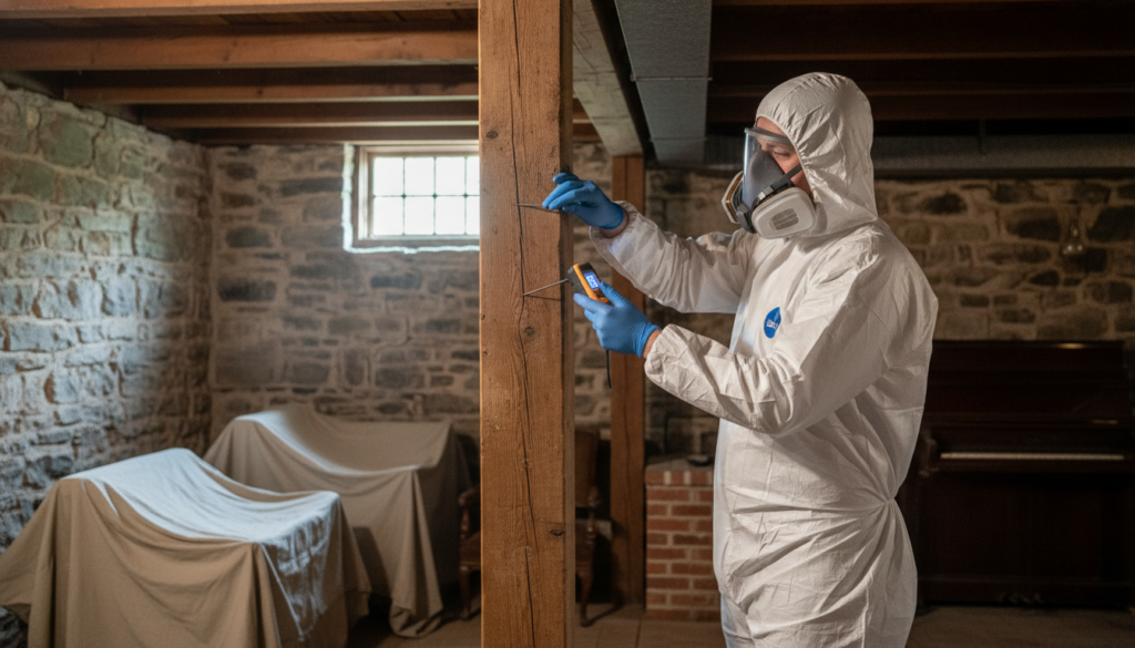 A professional inspector wearing a white hazmat suit, full-face respirator, and blue gloves uses a moisture meter to test a wooden support beam in a rustic stone basement.
