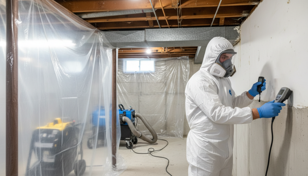 A restoration professional in a white Tyvek suit, respirator, and blue gloves uses a digital moisture meter to inspect a concrete basement wall for hidden water damage.