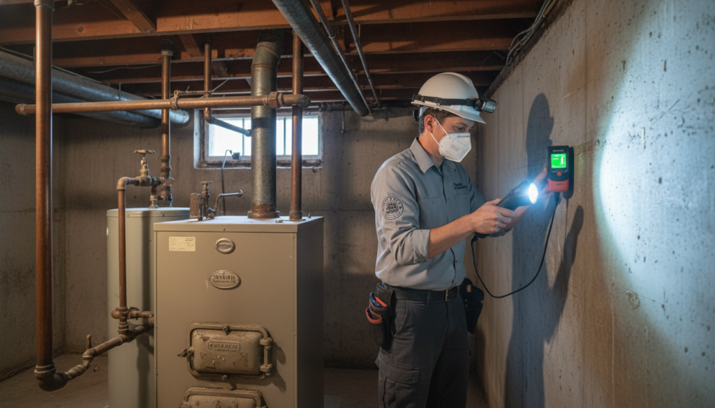 A home inspector wearing a hard hat and mask uses a handheld sensor and flashlight to examine a concrete basement wall near a furnace.