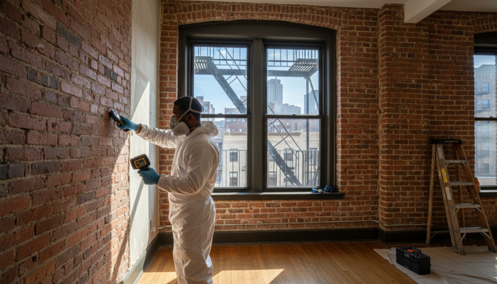 A professional inspector wearing a white hazmat suit, respirator, and blue gloves uses specialized testing equipment on an exposed brick wall in a city apartment.