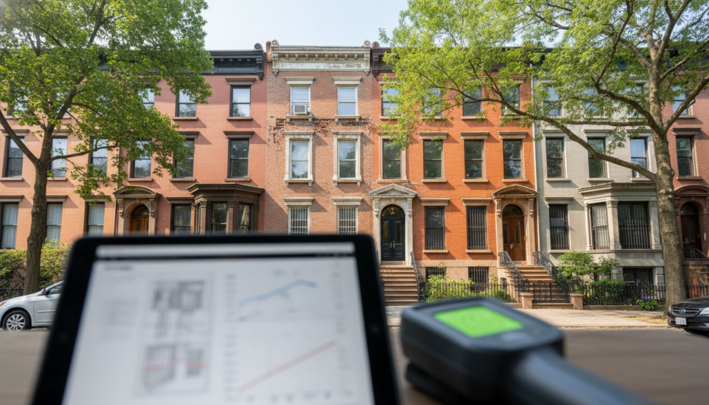A row of historic brownstone and brick townhouses on a city street, seen behind a blurry foreground featuring a tablet displaying data graphs and a handheld measurement device.
