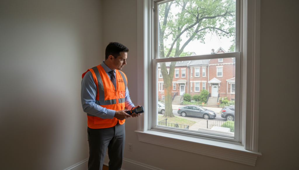 A male home inspector in an orange safety vest uses a hand-held digital meter to check for drafts near a large window in a residential room.