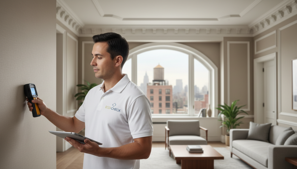 A professional technician from Eco-Check using a handheld scanner and a tablet to perform an inspection on a wall in a modern high-rise apartment.