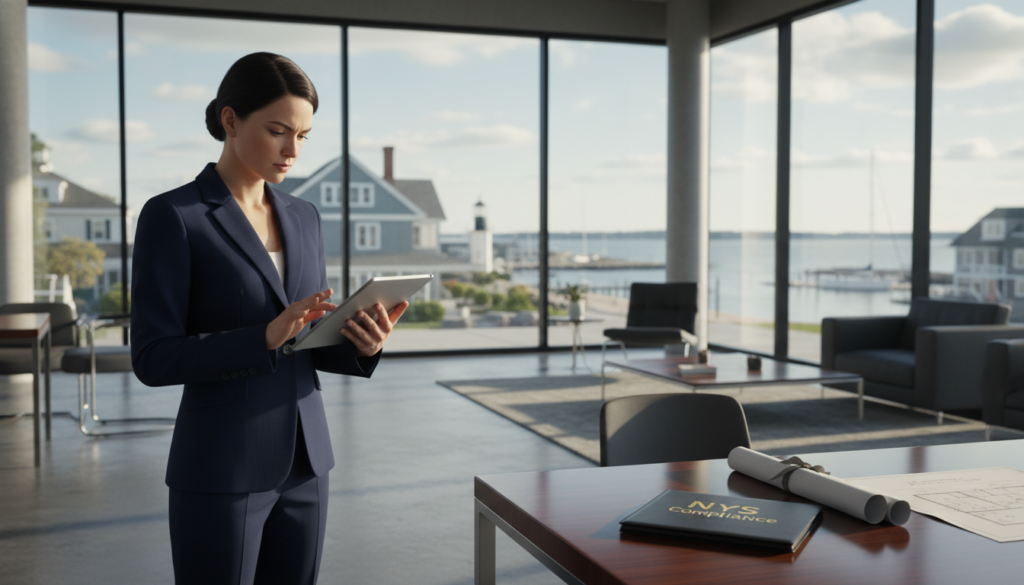 A professional woman in a navy blue business suit stands in a modern office, focused on a tablet. In the foreground, a dark desk holds architectural blueprints and a black folder with 'NYS Compliance' printed in gold. Floor-to-ceiling windows behind her offer a clear view of a coastal town with houses, a lighthouse, and a bay.