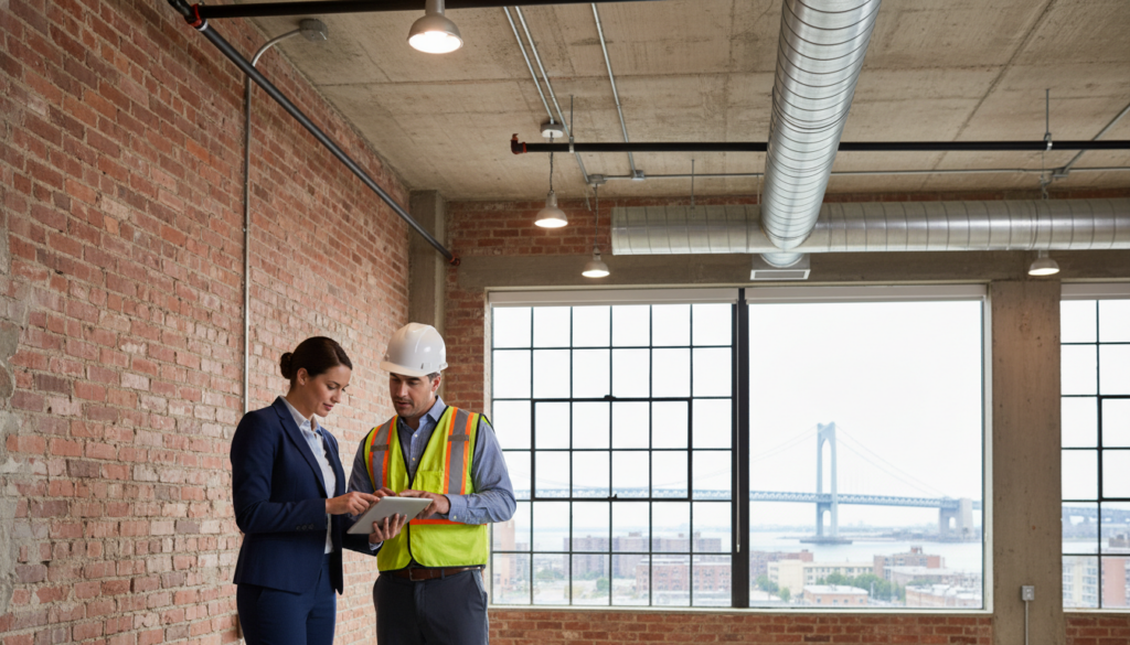 A businesswoman in a navy suit and a construction manager in a hard hat and safety vest look at a tablet together in an industrial office with exposed brick and a view of a suspension bridge.