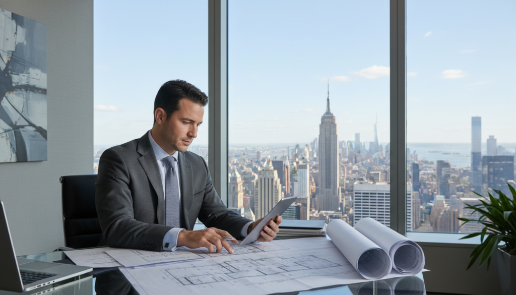 A professional man in a grey suit sits at a glass desk in a high-rise office, reviewing architectural blueprints with a tablet in hand. Behind him, a large floor-to-ceiling window reveals a stunning view of the New York City skyline, featuring the Empire State Building.