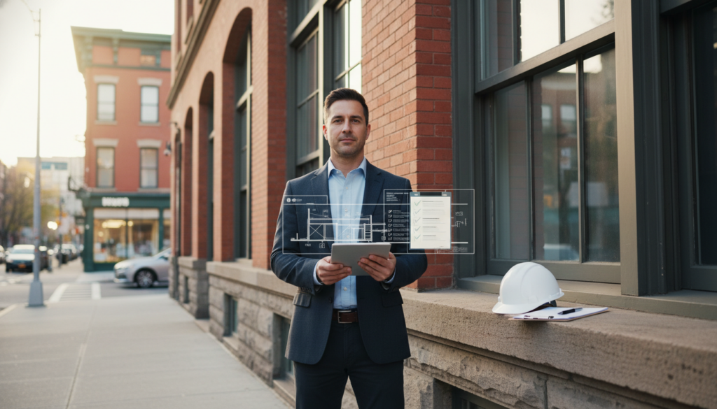 A man in a professional suit stands on a city sidewalk holding a tablet with a holographic overlay showing architectural blueprints and a checklist. A white hard hat and clipboard are on a ledge next to him.