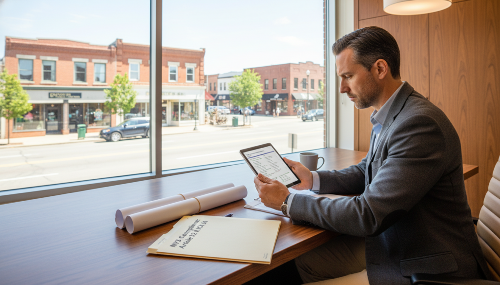 A businessman in a grey suit sits at a wooden desk by a large window, looking focused while using a digital tablet. On the desk are rolled blueprints and a folder with 'NYS Compliance' written on it, with a sunny town street visible outside.