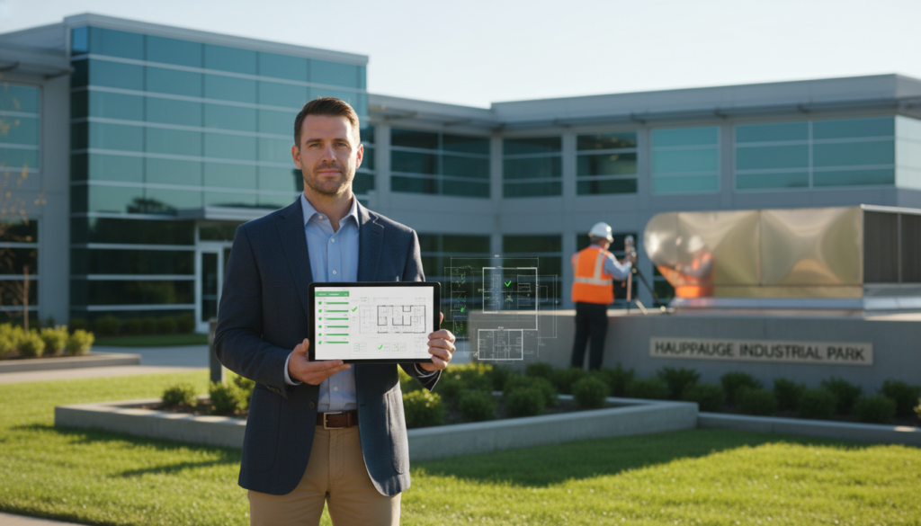 A professional man in a blazer holding a tablet displaying architectural blueprints in front of a building at Hauppauge Industrial Park, featuring digital schematic overlays.