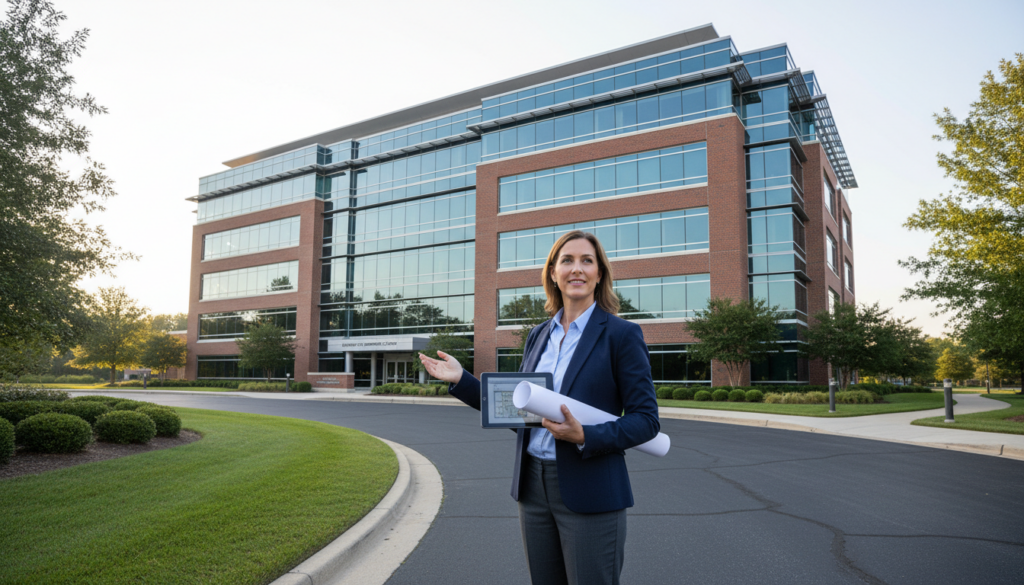 A professional woman in a navy blazer stands in front of a modern glass and brick office building, holding a digital tablet with a floor plan and a roll of architectural blueprints.