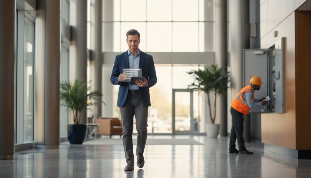 A businessman in a blue blazer and grey slacks walks through a modern, sunlit office lobby while using a tablet with a holographic data interface. In the background, a worker in an orange safety vest and yellow hard hat is inspecting an open electrical panel.