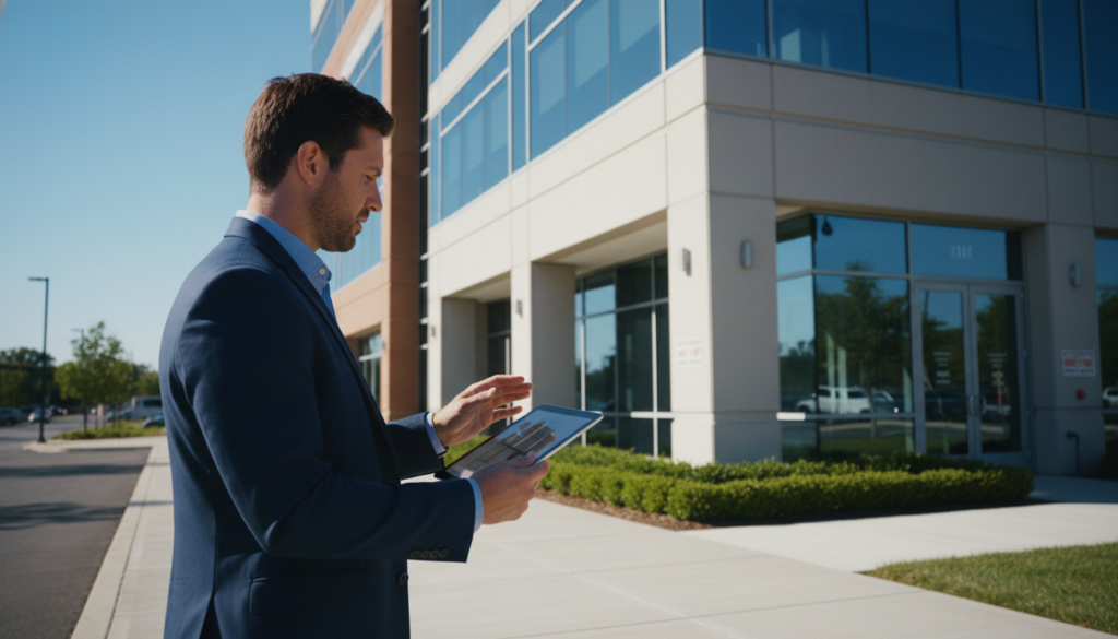 A man in a navy blue business suit stands on a sidewalk in front of a modern glass office building while looking at a tablet.