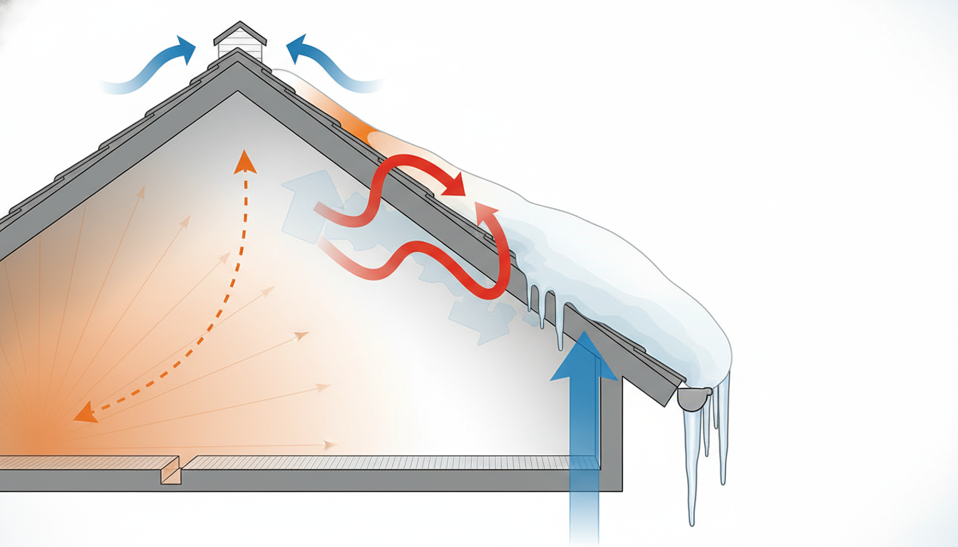 Diagram of ice dam formation on a residential roof