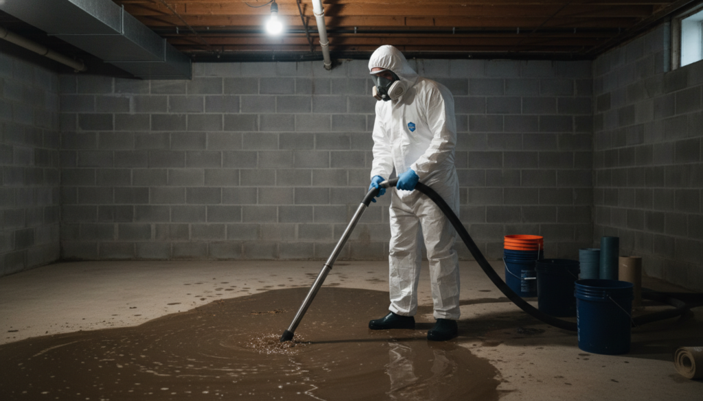 Restoration technician in PPE cleaning sewage backup