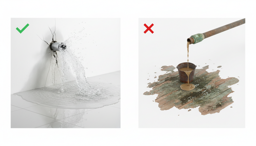 Sudden burst pipe versus gradual water leak comparison