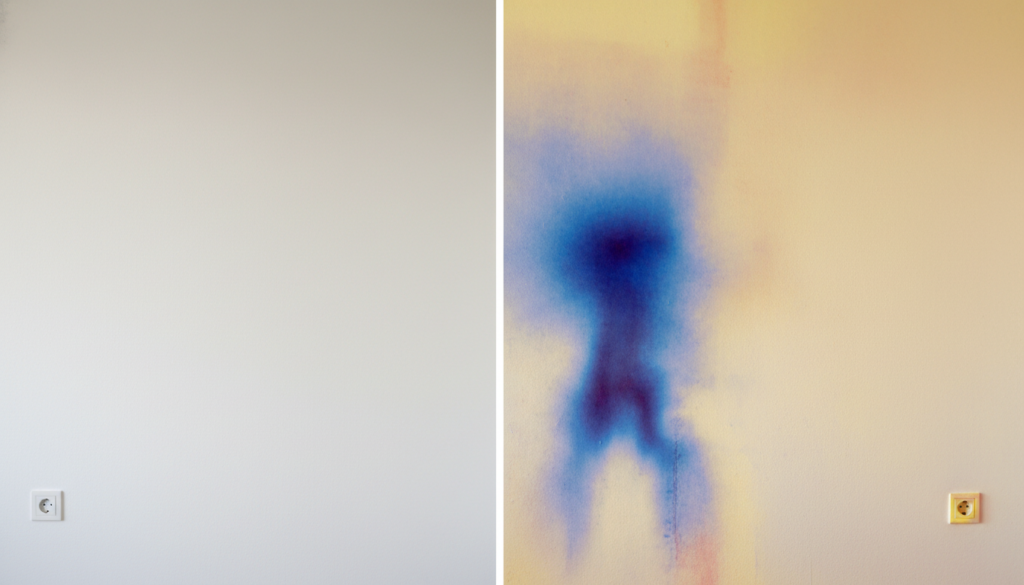 Thermal imaging camera screen showing hidden water leak behind drywall