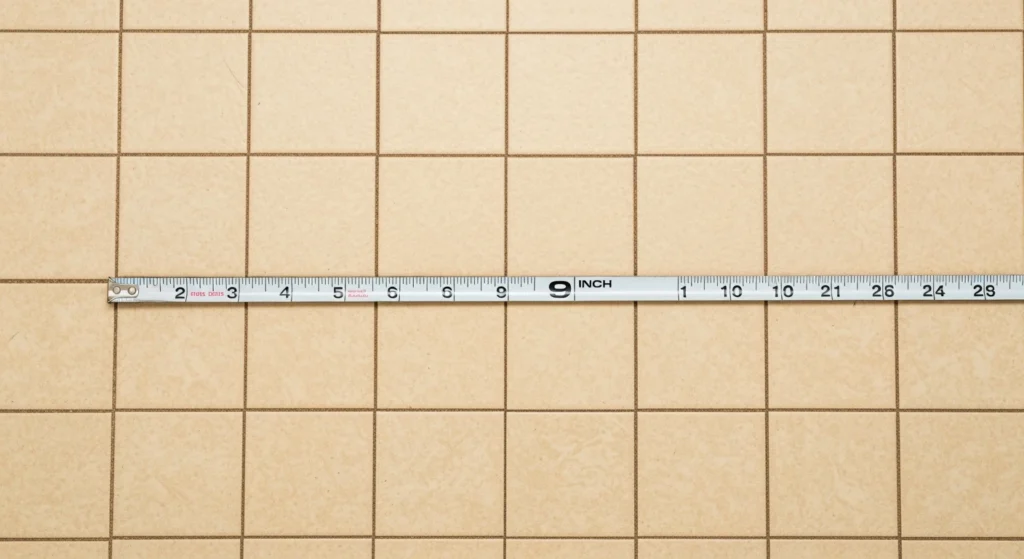 Classic 9x9 inch beige vinyl asbestos floor tiles in a Long Island home basement with measuring tape confirming dimensions