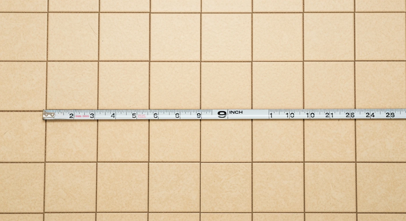 Classic 9x9 inch beige vinyl asbestos floor tiles in a Long Island home basement with measuring tape confirming dimensions