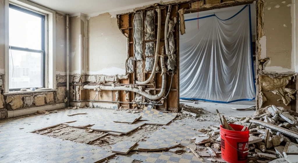 Pre-renovation asbestos abatement in pre-war NYC apartment exposing ACM materials
