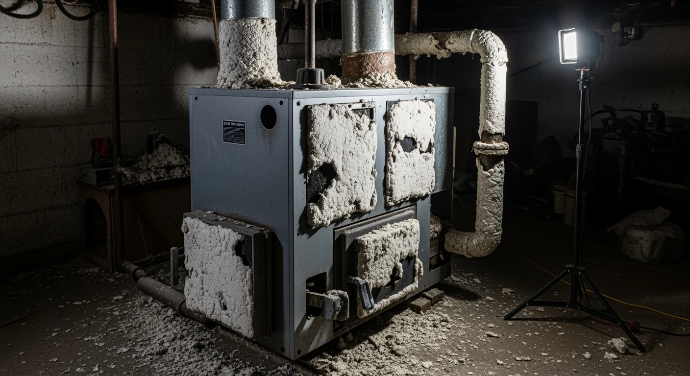 Asbestos insulation coating on residential boiler and connected pipes in a Long Island home basement showing age deterioration
