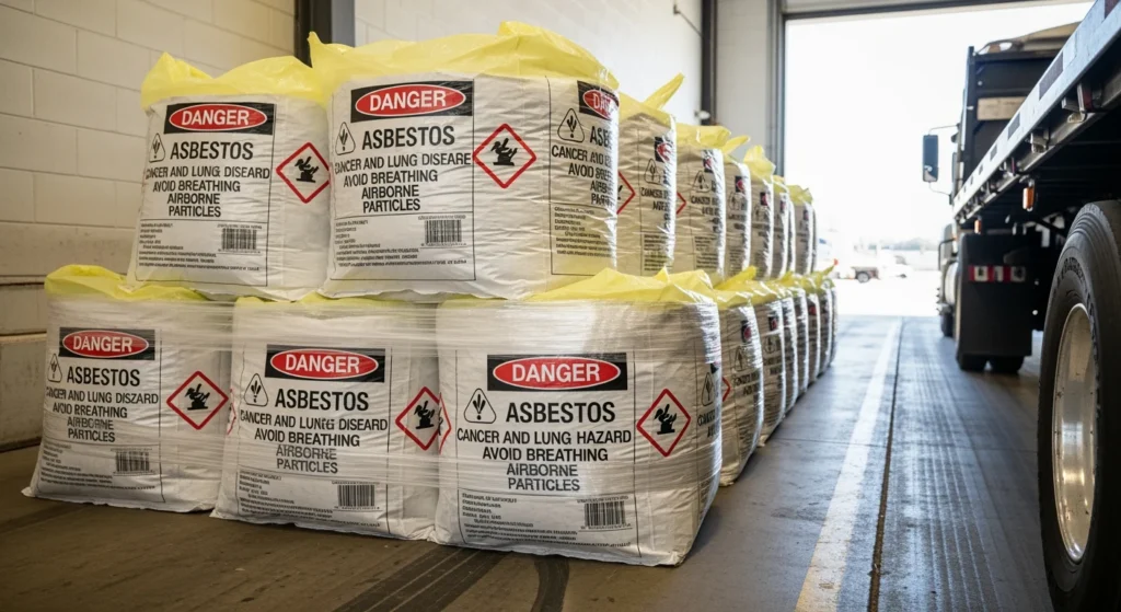 Labeled asbestos waste bags on loading dock from New York abatement project