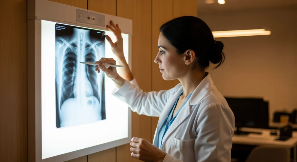 Doctor reviewing chest X-ray for asbestos-related disease on Long Island