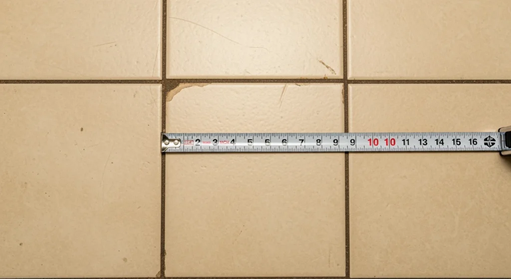 9x9 inch vinyl asbestos floor tiles in Long Island home with measuring tape