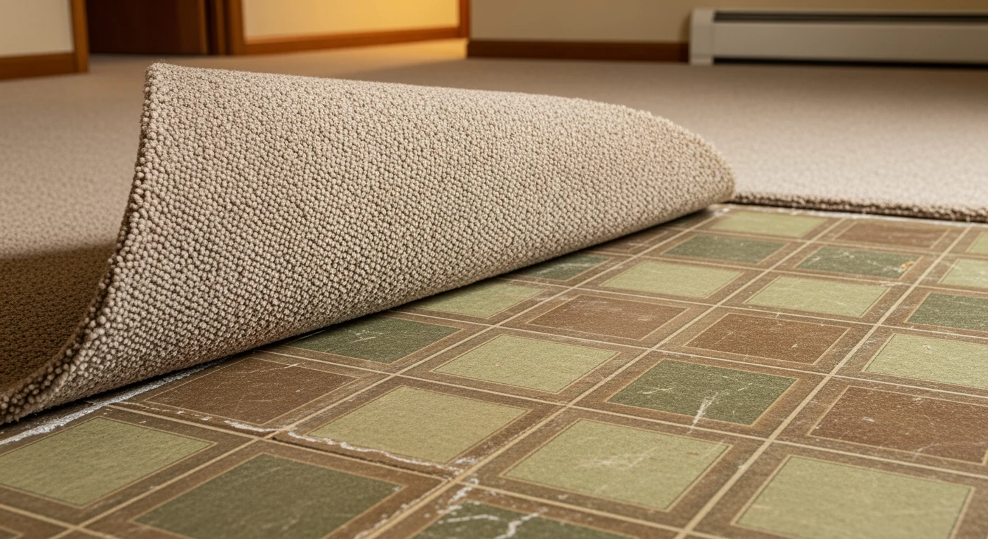 Asbestos floor tiles discovered under pulled-back carpet during renovation in a Long Island home