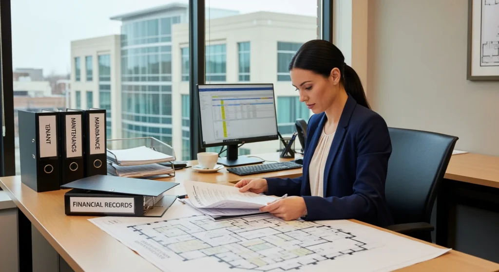 Property manager reviewing asbestos management plan for Long Island building