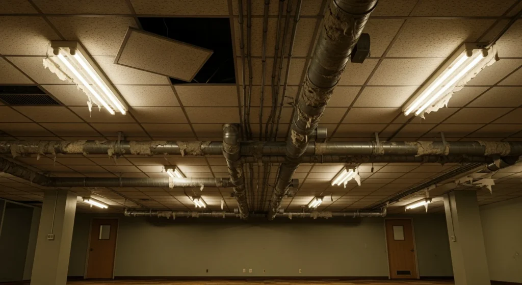 Long Island office building with asbestos materials visible above drop ceiling